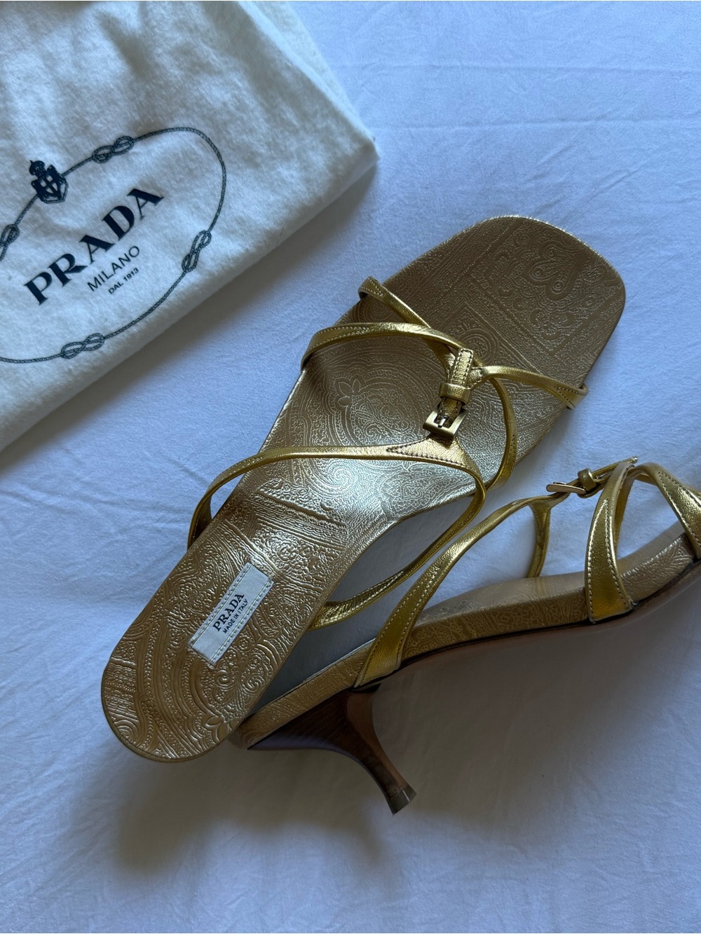 Vintage Prada Metallic Gold Strappy Kitten heels mules/Sandals, size 39.5 - Picture 13 of 14